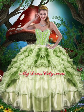Attractive Yellow Green Sweetheart Lace Up Beading and Ruffles and Ruffled Layers Vestidos de Quinceanera Sleeveless