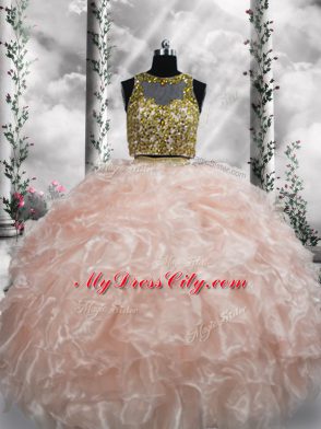 Organza Scoop Sleeveless Zipper Beading and Ruffles Quince Ball Gowns in Peach