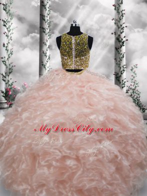 Organza Scoop Sleeveless Zipper Beading and Ruffles Quince Ball Gowns in Peach