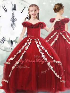 Wine Red Lace Up Off The Shoulder Appliques Little Girls Pageant Dress Wholesale Tulle Sleeveless Brush Train