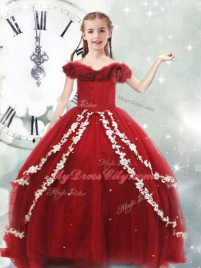 Wine Red Lace Up Off The Shoulder Appliques Little Girls Pageant Dress Wholesale Tulle Sleeveless Brush Train
