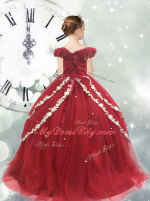 Wine Red Lace Up Off The Shoulder Appliques Little Girls Pageant Dress Wholesale Tulle Sleeveless Brush Train