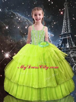 Nice Straps Sleeveless Little Girls Pageant Dress Wholesale Floor Length Beading and Ruffled Layers Yellow Green Tulle