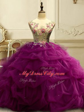 Fuchsia Organza Lace Up Scoop Sleeveless Floor Length Quinceanera Gown Appliques and Ruffles and Sequins