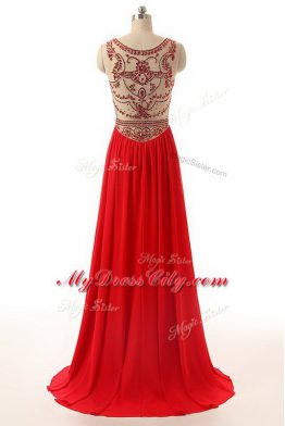 Edgy Side Zipper Prom Party Dress Red for Prom and Party with Beading Brush Train