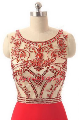 Edgy Side Zipper Prom Party Dress Red for Prom and Party with Beading Brush Train