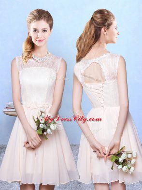 Champagne Empire Chiffon Scoop Sleeveless Lace Knee Length Lace Up Wedding Guest Dresses
