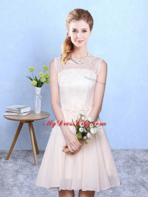 Champagne Empire Chiffon Scoop Sleeveless Lace Knee Length Lace Up Wedding Guest Dresses