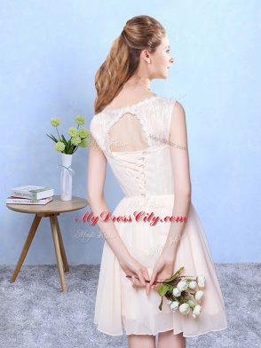 Champagne Empire Chiffon Scoop Sleeveless Lace Knee Length Lace Up Wedding Guest Dresses