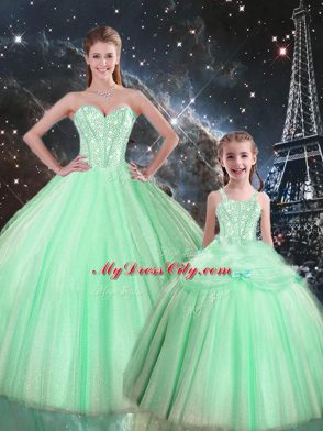 Free and Easy Floor Length Lace Up 15 Quinceanera Dress Apple Green for Military Ball and Sweet 16 and Quinceanera with Beading