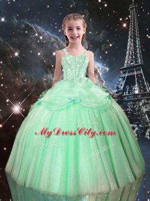 Free and Easy Floor Length Lace Up 15 Quinceanera Dress Apple Green for Military Ball and Sweet 16 and Quinceanera with Beading