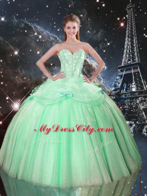 Free and Easy Floor Length Lace Up 15 Quinceanera Dress Apple Green for Military Ball and Sweet 16 and Quinceanera with Beading