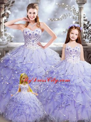 Sleeveless Organza Floor Length Lace Up Quinceanera Dress in Lavender with Beading and Ruffles