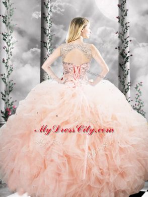 Peach Tulle Lace Up Straps Sleeveless Floor Length Quinceanera Gown Beading and Ruffles