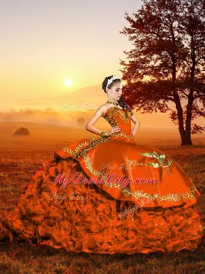 Sweetheart Sleeveless Brush Train Lace Up Quinceanera Gown Rust Red Organza