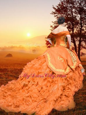 Sweetheart Sleeveless Brush Train Lace Up Quinceanera Gown Rust Red Organza