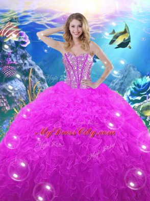 Sophisticated Beading and Ruffles 15 Quinceanera Dress Fuchsia Lace Up Sleeveless Floor Length
