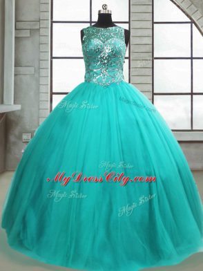 Glamorous Scoop Sleeveless Quince Ball Gowns Floor Length Beading Turquoise Tulle