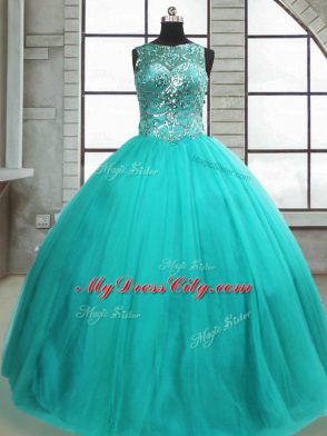 Glamorous Scoop Sleeveless Quince Ball Gowns Floor Length Beading Turquoise Tulle