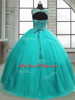 Glamorous Scoop Sleeveless Quince Ball Gowns Floor Length Beading Turquoise Tulle