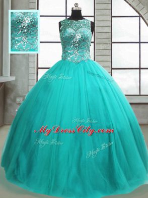 Glamorous Scoop Sleeveless Quince Ball Gowns Floor Length Beading Turquoise Tulle