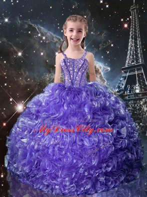 Purple Lace Up Pageant Dress Wholesale Beading and Ruffles Sleeveless Floor Length