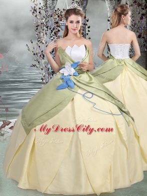Flare Ruching and Hand Made Flower Sweet 16 Quinceanera Dress Champagne Lace Up Sleeveless Floor Length