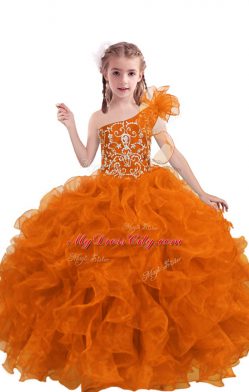 Stunning Orange Red Lace Up One Shoulder Beading and Ruffles Pageant Dress for Womens Organza Sleeveless