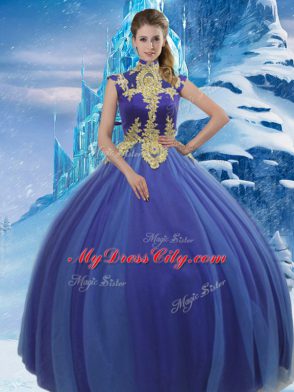 Graceful Floor Length Royal Blue Quinceanera Gowns Tulle Sleeveless Appliques