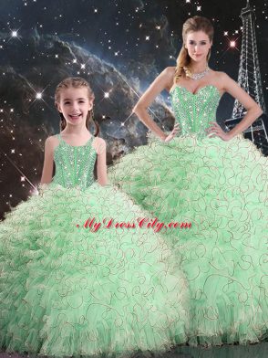 Sweetheart Sleeveless Quinceanera Dress Floor Length Beading and Ruffles Apple Green Organza