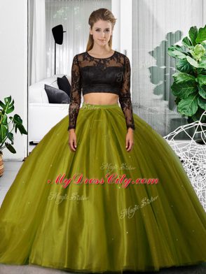 Olive Green Long Sleeves Tulle Backless Quinceanera Gown for Military Ball and Sweet 16 and Quinceanera