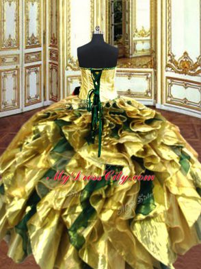Captivating Gold 15th Birthday Dress Military Ball and Sweet 16 and Quinceanera with Embroidery and Ruffles Sweetheart Sleeveless Lace Up