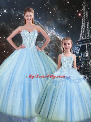 Vintage Baby Blue Ball Gowns Tulle Sweetheart Sleeveless Beading Floor Length Lace Up Quinceanera Gown