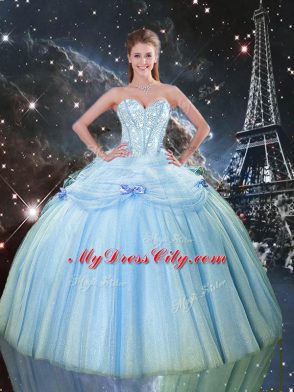 Vintage Baby Blue Ball Gowns Tulle Sweetheart Sleeveless Beading Floor Length Lace Up Quinceanera Gown