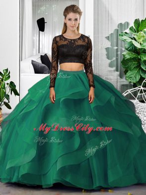 Extravagant Dark Green Two Pieces Scoop Long Sleeves Tulle Floor Length Backless Lace and Ruffles Quinceanera Gown