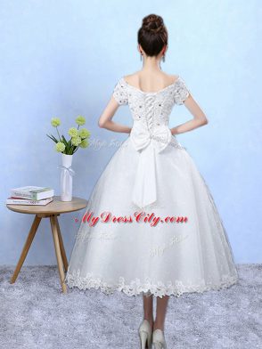 Deluxe White Scoop Lace Up Beading and Lace and Bowknot Quinceanera Court of Honor Dress Short Sleeves