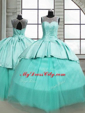 Glamorous Turquoise Tulle Lace Up Scoop Sleeveless Vestidos de Quinceanera Brush Train Beading