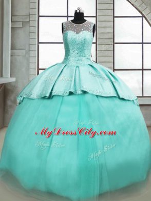 Glamorous Turquoise Tulle Lace Up Scoop Sleeveless Vestidos de Quinceanera Brush Train Beading
