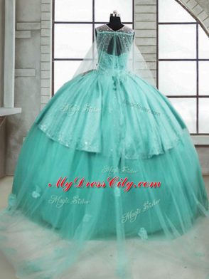 Glamorous Turquoise Tulle Lace Up Scoop Sleeveless Vestidos de Quinceanera Brush Train Beading