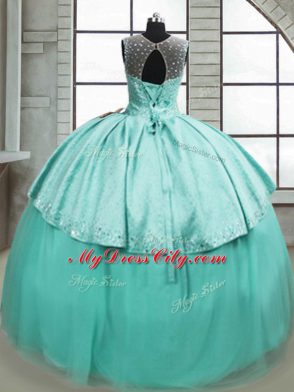 Glamorous Turquoise Tulle Lace Up Scoop Sleeveless Vestidos de Quinceanera Brush Train Beading
