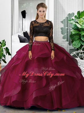 Clearance Fuchsia Tulle Backless Scoop Long Sleeves Floor Length Quinceanera Gown Lace and Ruffles