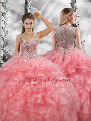 Watermelon Red Ball Gowns Beading and Ruffles Quince Ball Gowns Zipper Organza Sleeveless Floor Length