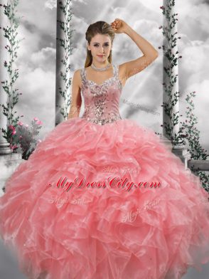 Watermelon Red Ball Gowns Beading and Ruffles Quince Ball Gowns Zipper Organza Sleeveless Floor Length