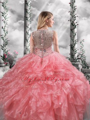 Watermelon Red Ball Gowns Beading and Ruffles Quince Ball Gowns Zipper Organza Sleeveless Floor Length