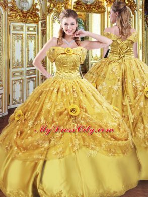 Floor Length Lace Up Quinceanera Dress Gold for Military Ball and Sweet 16 and Quinceanera with Beading and Appliques and Hand Made Flower