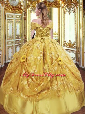 Floor Length Lace Up Quinceanera Dress Gold for Military Ball and Sweet 16 and Quinceanera with Beading and Appliques and Hand Made Flower