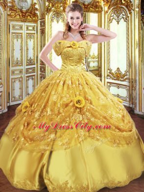 Floor Length Lace Up Quinceanera Dress Gold for Military Ball and Sweet 16 and Quinceanera with Beading and Appliques and Hand Made Flower