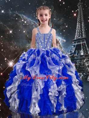 Fashionable Floor Length Lace Up Little Girl Pageant Gowns Blue for Quinceanera and Wedding Party with Beading and Ruffles