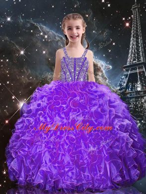 Dazzling Sleeveless Lace Up Floor Length Beading and Ruffles Glitz Pageant Dress