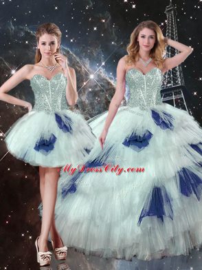 Fine Blue And White Lace Up Ball Gown Prom Dress Beading and Ruffled Layers and Sequins Sleeveless Floor Length